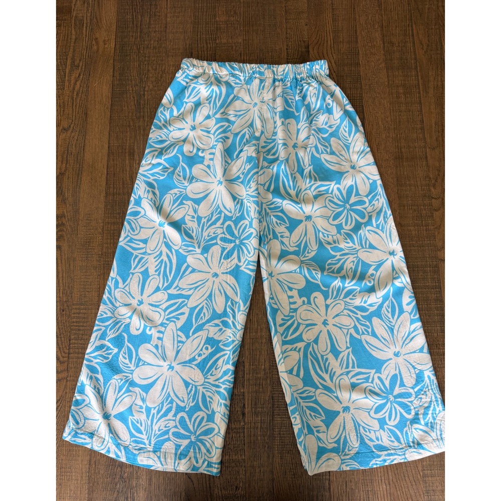 Makai Beach Hawaii Blue White Tropical Floral Wide Leg Elastic Waist Pants L - Picture 5 of 9